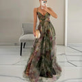 Elegant Print Pleated Mesh Evening Dress Sexy off Shoulder Ins Vacation Long Dress Summer V Neck High Waist Backless Sling Dress